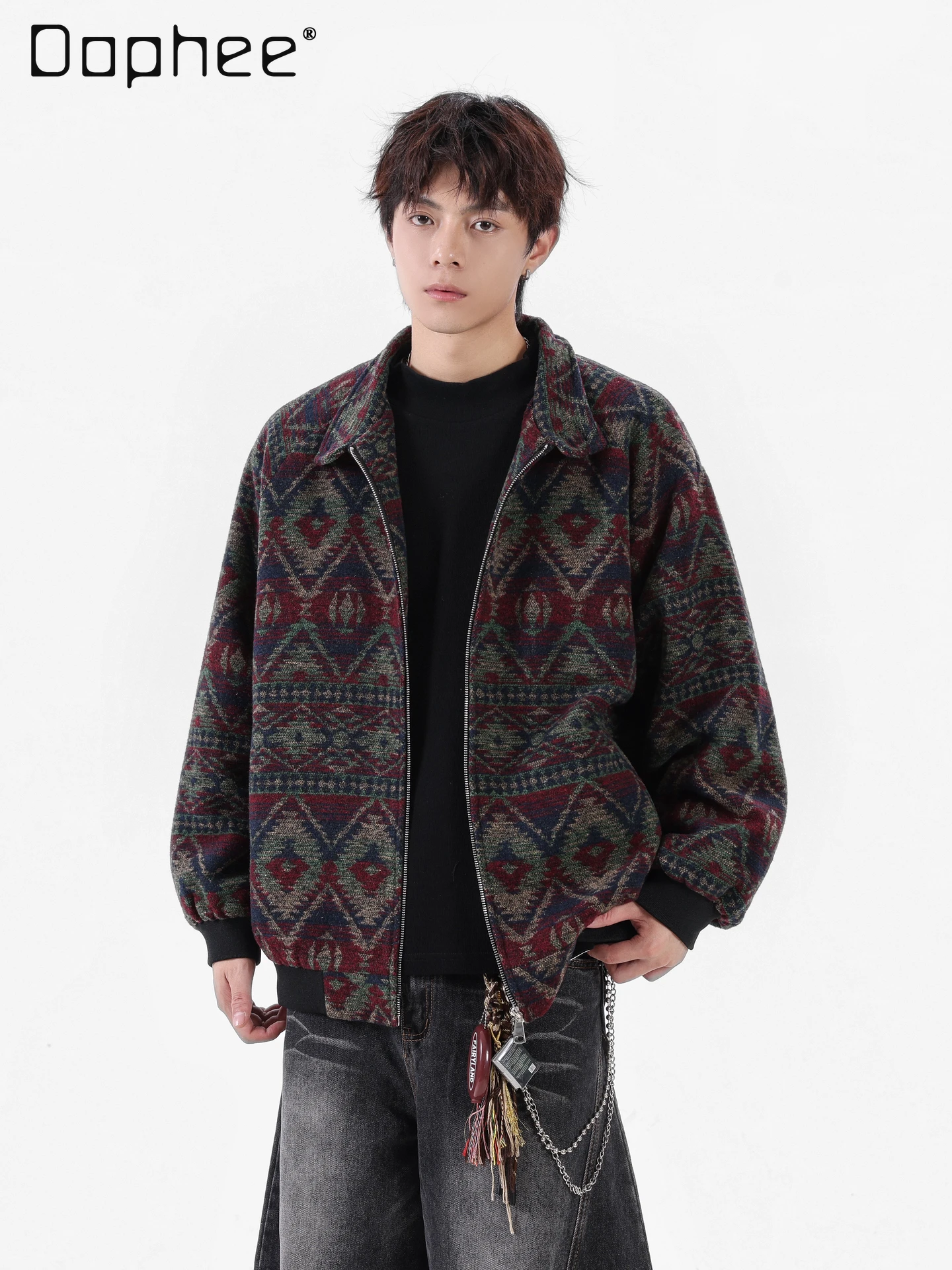 2025 Spring and Autumn New Retro Ethnic Style Diamond Check Red Jacket Loose Casual Green Men's Turn-Down Collar Jacket