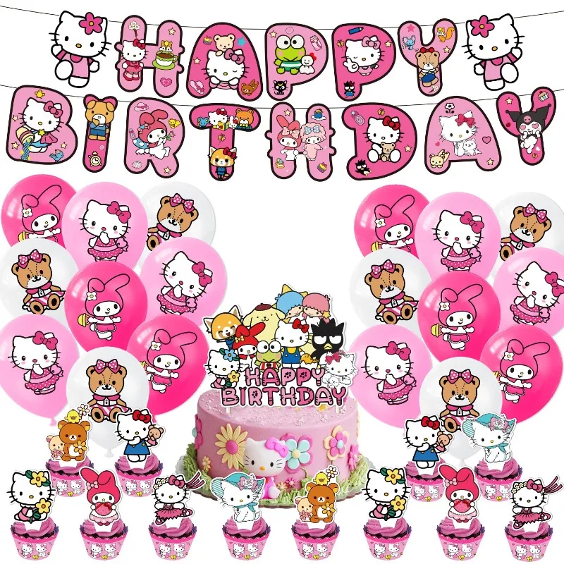 Sanrio Hello Kitty Theme Party Supplies DIY Balloon Birthday Banner Latex Balloon Decoration Cake Supplies Invitation Cards