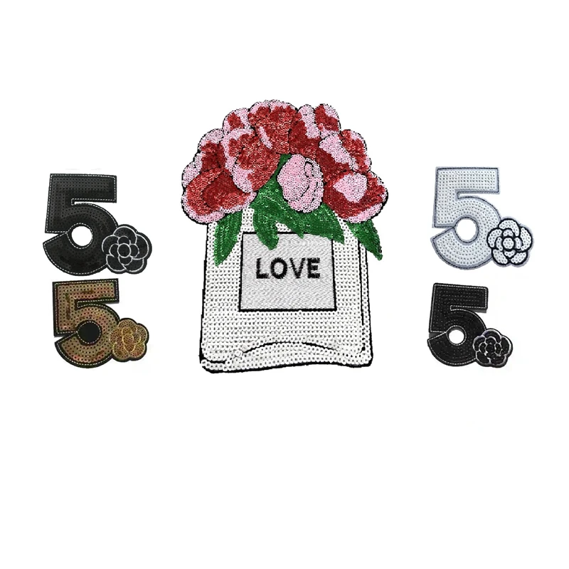 LOVE FLOWER Iron On Patches Clothes DIY 5 With Flower Sequined Patches For Clothing Sequins Stickers Sewing Patches Decoration