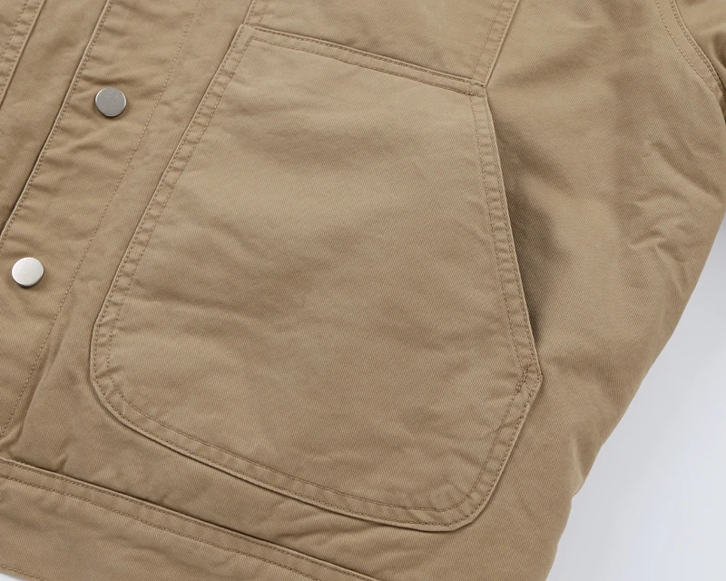 Herren Patchwork-Lederkragen Cargo-Jacke Khaki Gewaschene Baumwolle Arbeitskleidung Lässige Kleidung Entspannte Business Vintage Trucker Oberbekleidung – Detail 10