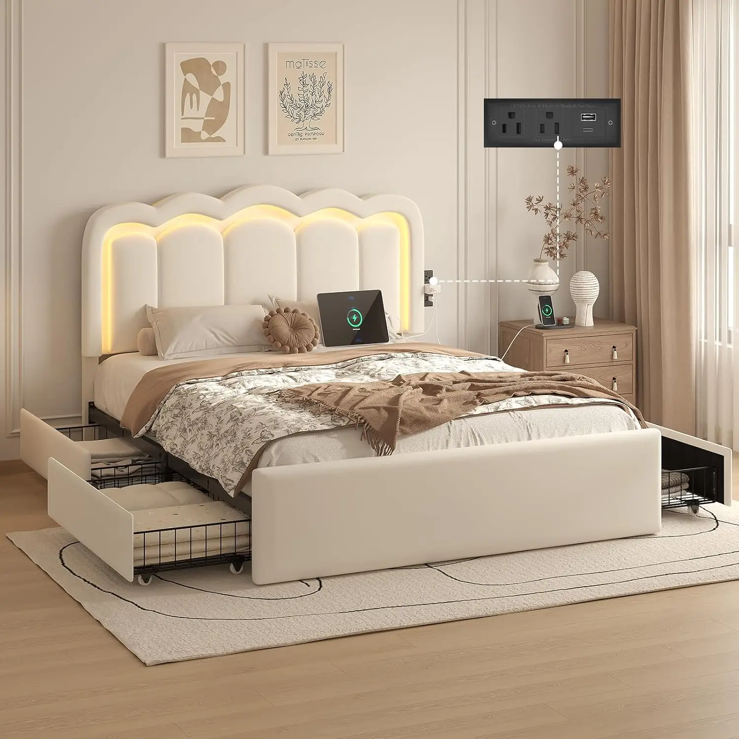 Queen Bed Frame 4 Storage Drawers Adjustable Wavy Headboard White, Customized