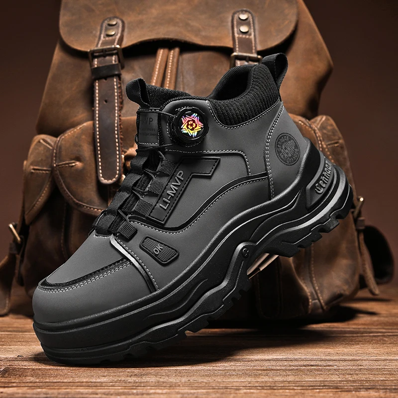 

Fashion Gray Men's Platform Boots Rotary Buckle Design Motorcycle Shoes Man Outdoor Anti-Slip Tooling Boots For Man botas hombre