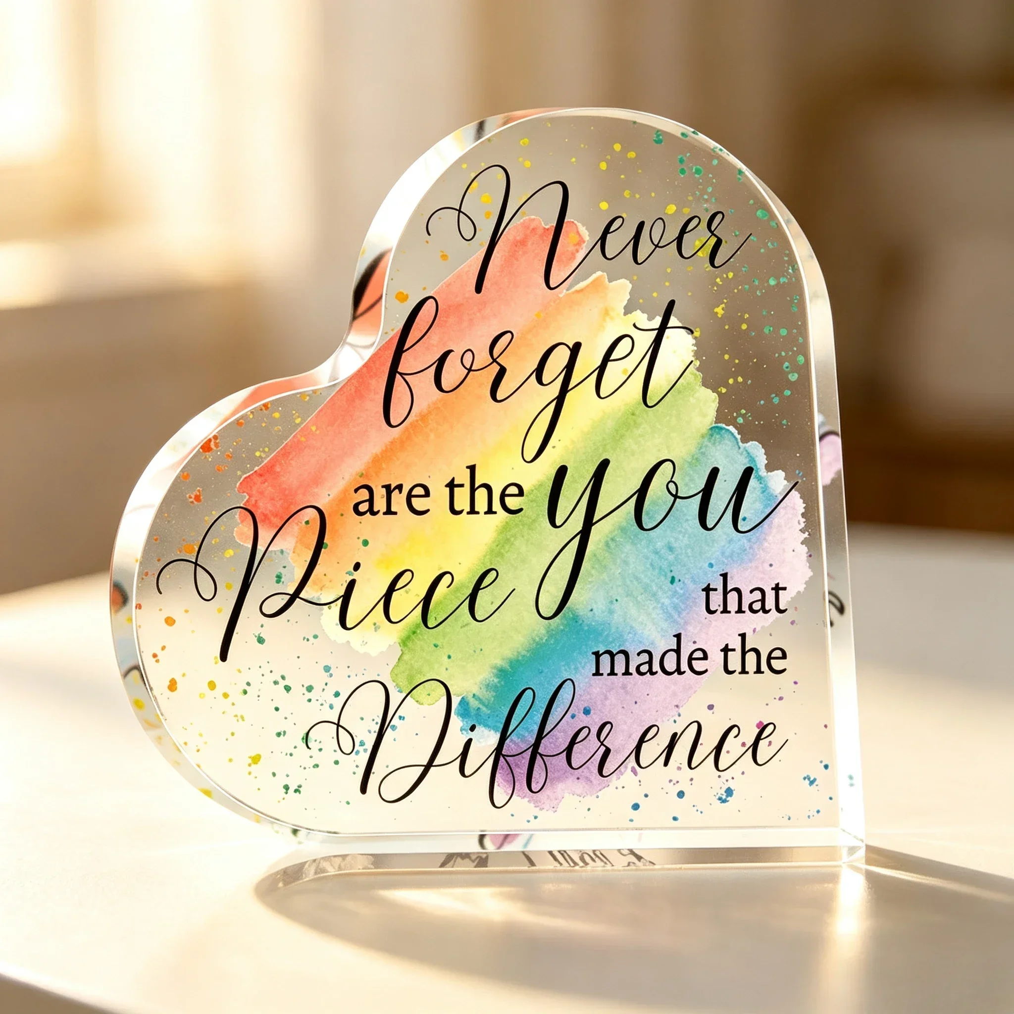 Rainbow Watercolor Heart Acrylic Plaque Never Forget You Are The Piece That Made The Difference Desk Decor