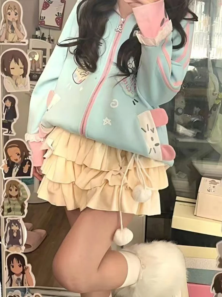 Otoño Kawaii abrigo suelto de manga larga diseño de mujer dulce Patchwork abrigo con cremallera Casual encantador estampado de conejo cárdigan con capucha