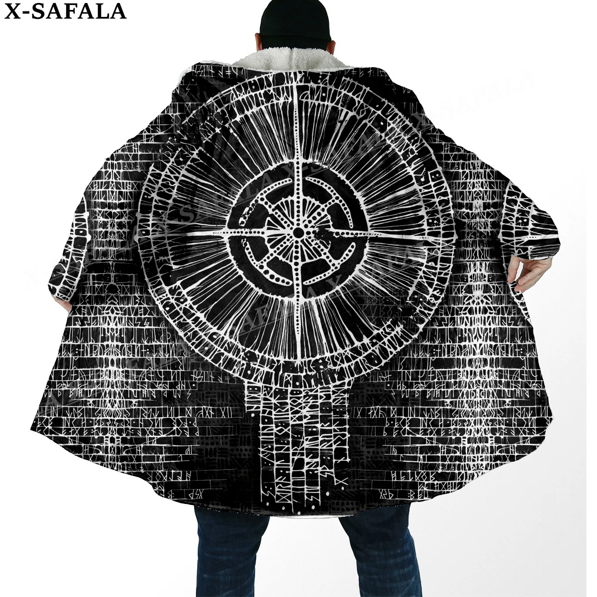 

HULINHJALMUR FENRIR'S WRATH Norse Viking Thick Warm Hooded Cloak Men Overcoat Coat Windproof Fleece Cape Robe Hooded Blanket-8