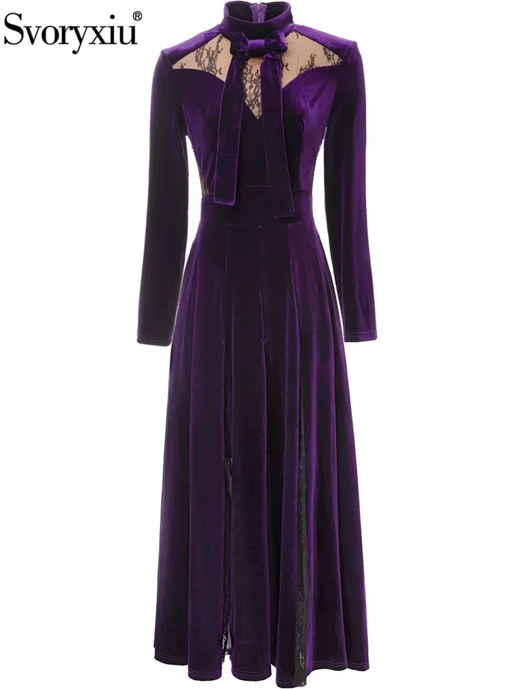 Svoryxiu Fashion Designer Autumn Party Dark Purple Vintage Long Dress Women\'s Butterfly-knot Stand Collar High Waist Long Dresss