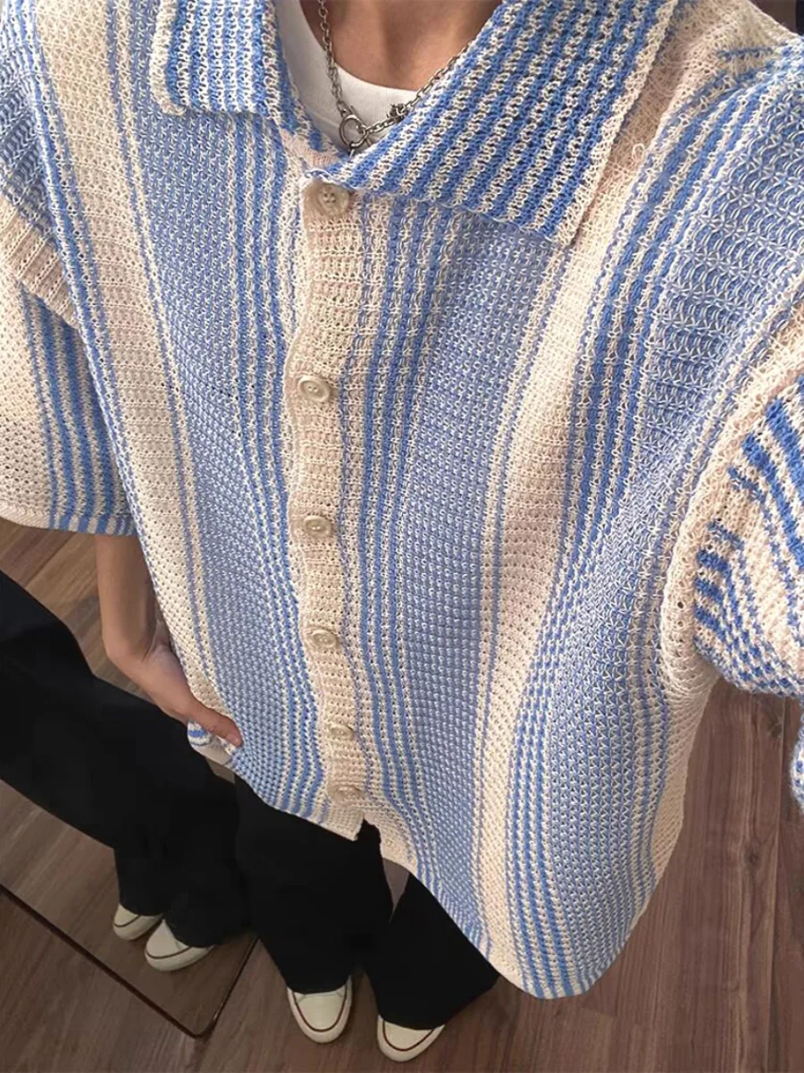 

Laid-back Style Knitted Open Cardigan Men's Color Block Striped Loose Short Sleeve Ice Silk Lustrous Cotton Work Shirt Trendy