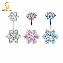 G23Titan Crystal Navel Nail Ring Zircon Bar Barbell Drop Flower Body Surgical Piercing Bellybutton Ring Women's Jewelry Decorate