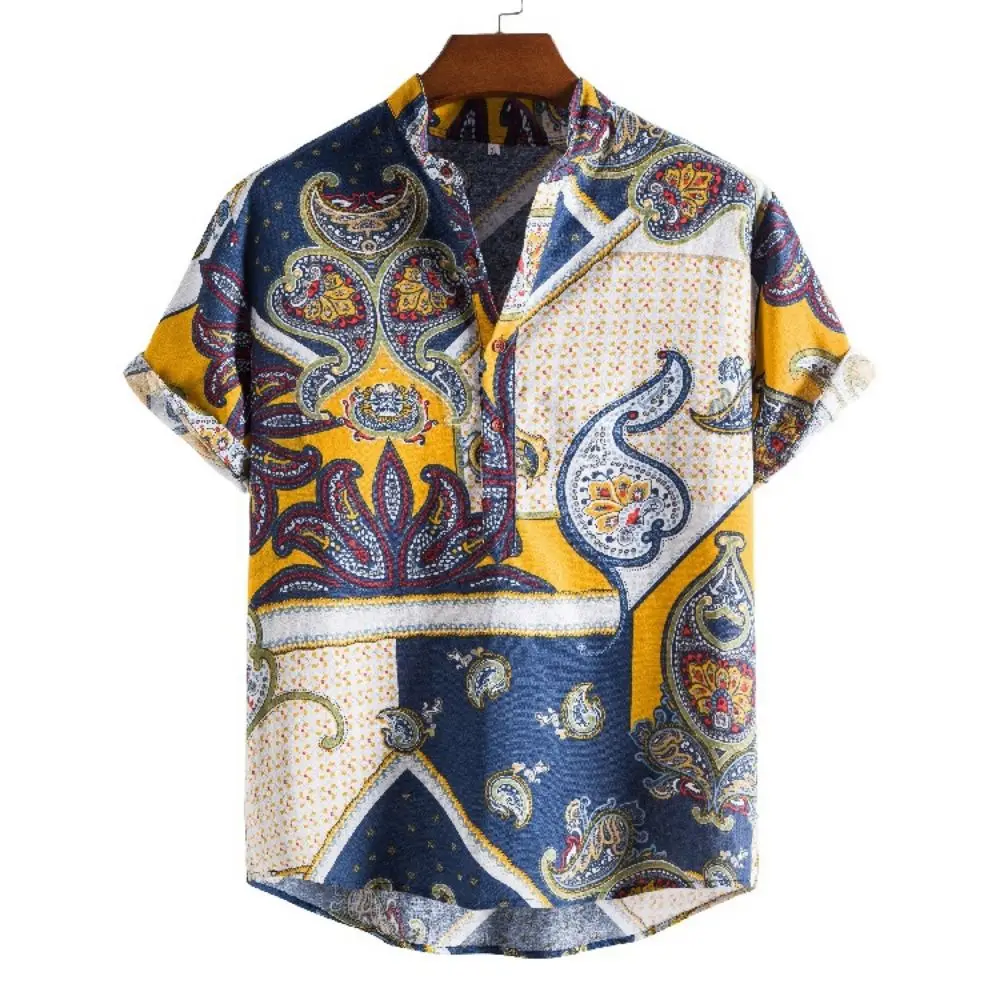 Vintage Men\'s Shirts Ethnic Style Printing Lattice Casual Streetwear Stand Collar Short Sleeve Loose Hawaiian Shirt Mens Summer