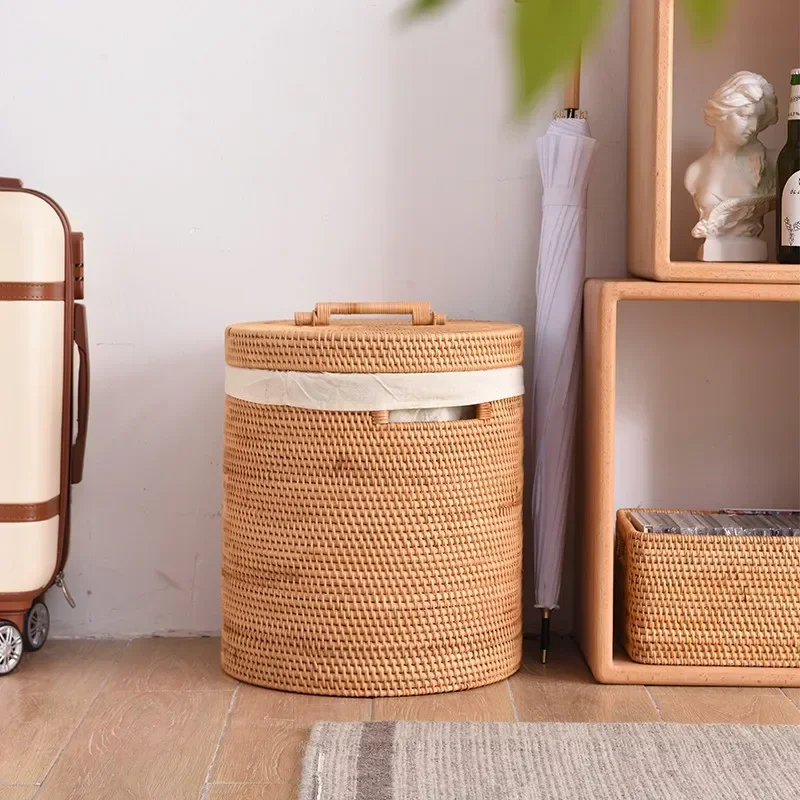 Round Laundry Basket Binears Handheld Storage Basket Natural Rattan Dirty Clothes Safe Environmental Protection Clothes Basket