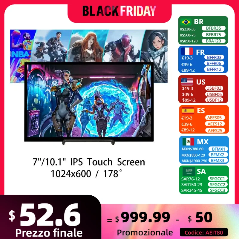 Портативный монитор 7/10,1 дюйма с сенсорным экраном HD IPS 1024*600 178 °   Расширенный игровой дисплей с второй экраном для ноутбука Raspberry Pi 3 4