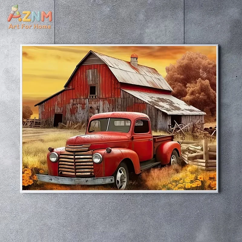 AZNM Retro Red Vintage Truck Old Wooden Barn Sunset Farm Landscape Canvas Wall Art Country Rural Scenery Print Farmhouse Home Un