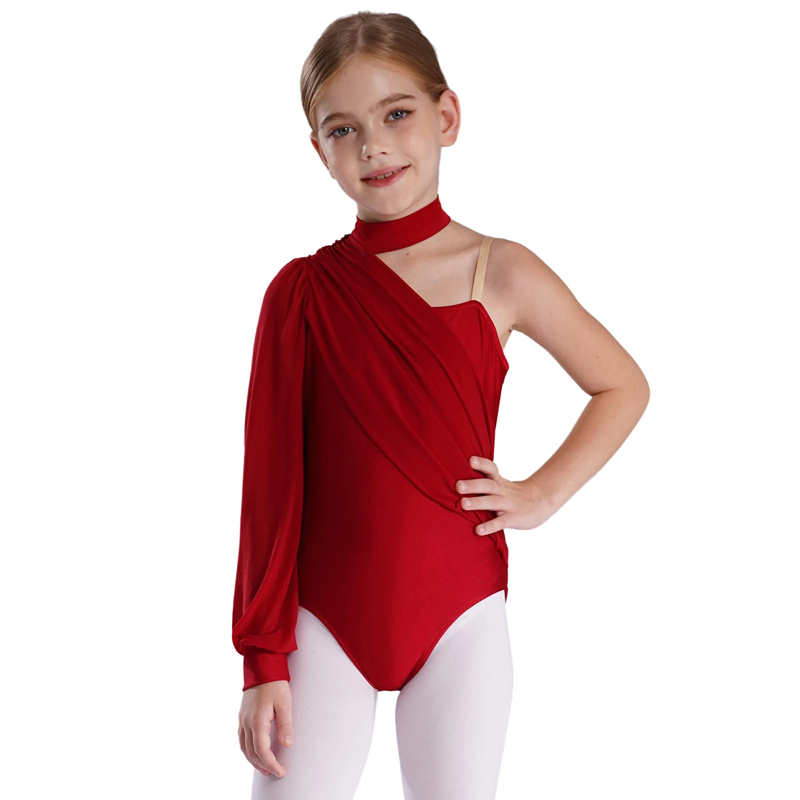 

Kids Girls One Shoulder Long Sleeve Ice Skating Dance Outfit with Ruched Mesh Overlay Leotard and Shorts for Ballet Gymnastics