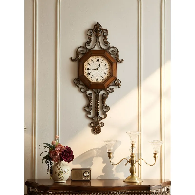 Solid wood retro American wall clock creative clock wrought iron silent living room European personality fashion home decoration