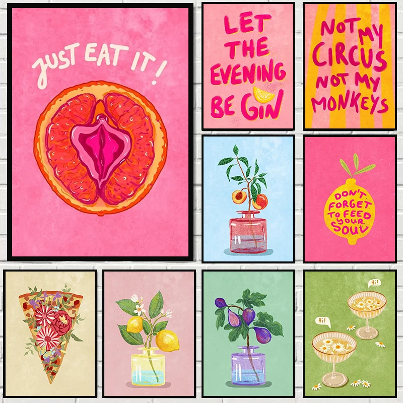 Just Eat It Food Drinks Posters Wall Art Prints Peach Tree in Vase Illustration Canvas Painting Home Decor Kitchen Art Unframed