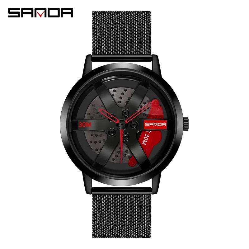 Fashion Sanda 1075 Brand For Men Hollow Out Rotating Car Wheel Dial Design Quartz Movement Hot Sale Analog Trendy Wrist Watches