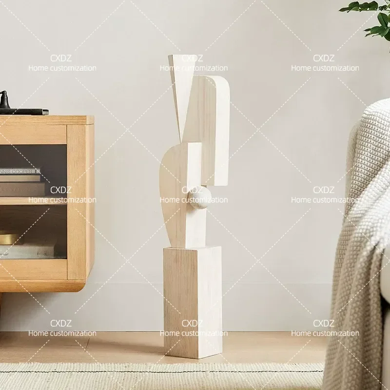 Solid Wood Abstract Geometric Art Sculpture Floor Ornament for Hotel Model Room Living Home Decoration Wood Carving Crafts