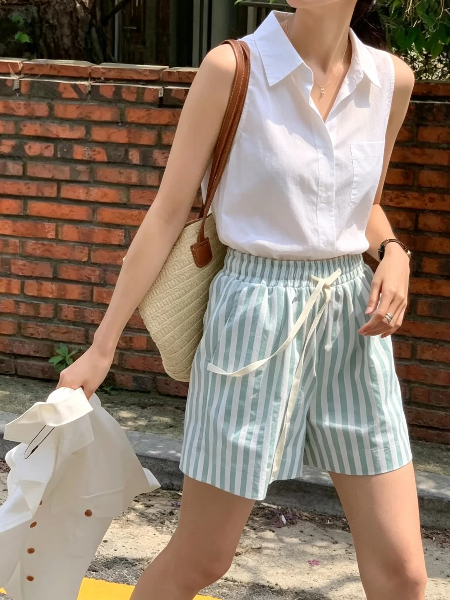 Korean Style Versatile Summer  Striped Casual Pants Drawstring Elastic Waist Shorts for Women All Seasons Wear
