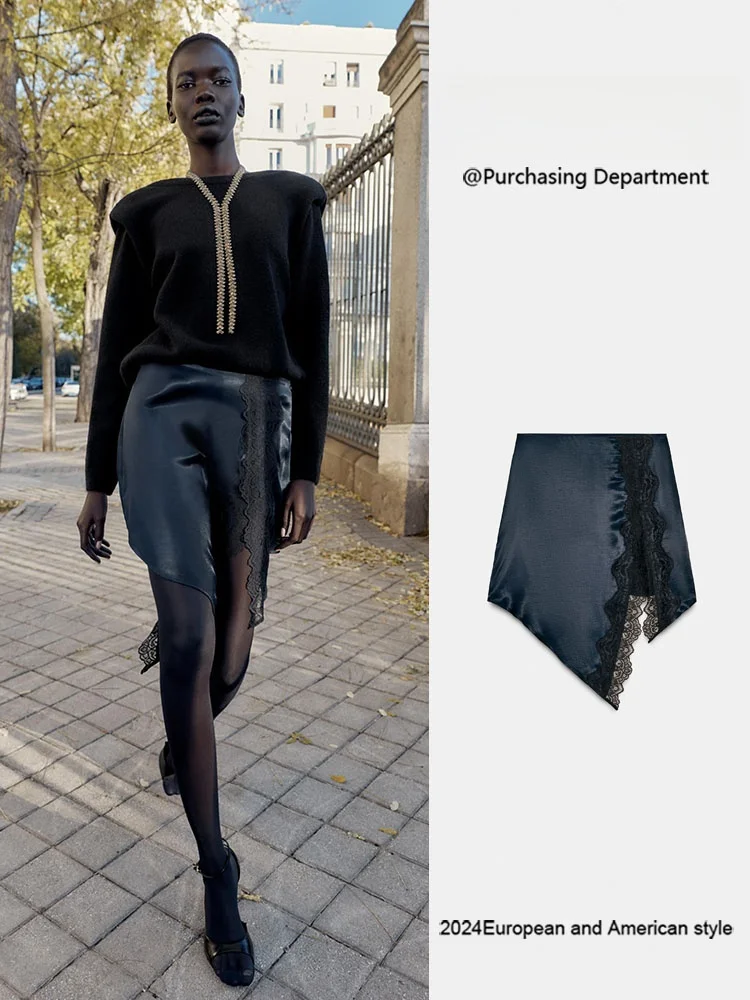 

Faionable Lace Patchwork Silk Satin Skirt Women's New Arrival Winter Season Ele Quali Ethnic Stage Costume