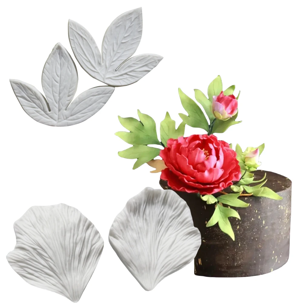 2PCS Large Peony Flower Leaves Veiners &Cutters Silicone Molds Chocolate Sugar Paper Clay Stampi Silicone Cake Decorating Tools