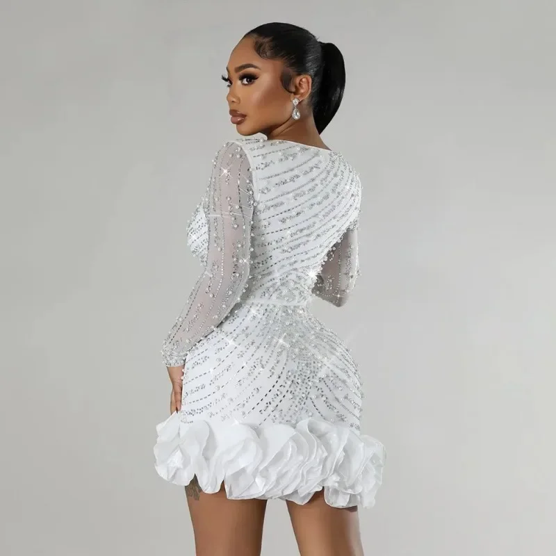 Party Dresses Beading Diamond Long Sleeves Ruffles for women Shiny Elegant Wedding Guest Female Gown Occasion Celebrate Birthday