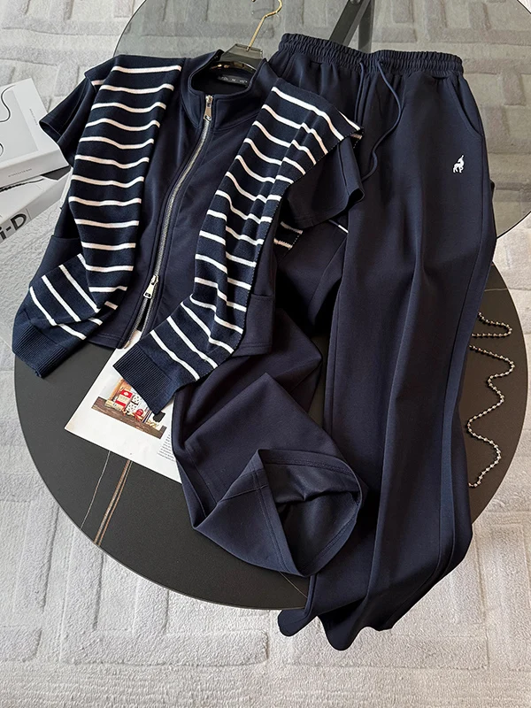 

Korean Style Blue Casual Sportswear Set Women Summer Trendy Anti-Aging Short Sleeve Striped Shoulder Wrap Wide Leg Pants Thre...
