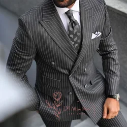 Grey striped men's suit 2-piece set jacket pants double-breasted formal attire for wedding prom dinner meeting custom tuxedo