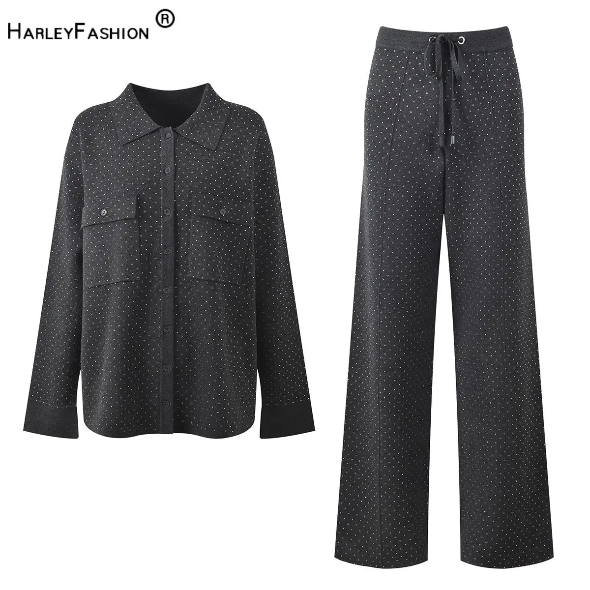 2026 Autumn Winter Lady Fine Workmanship Hotfix Suit Turn-down Collar Long Sleeve Cardigan Wide Legs Pants Women Knits 2pcs