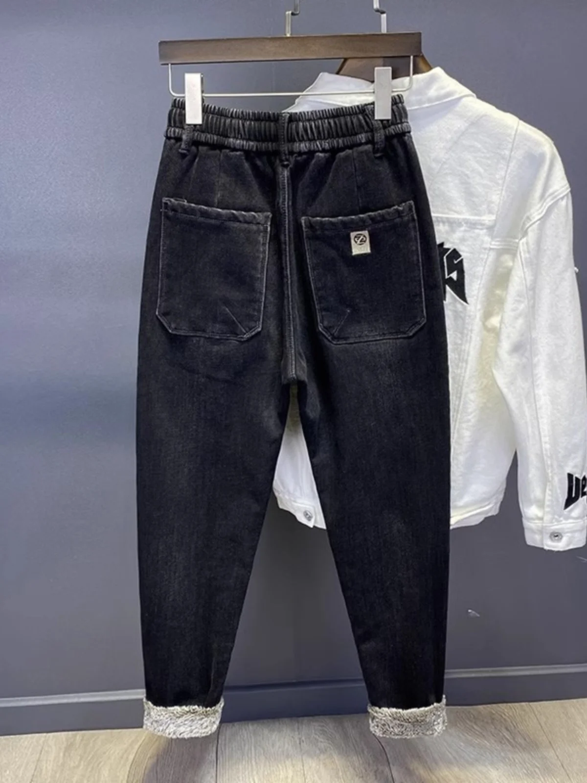 

Мужские джинсы с эластичной резинкой на талии на подкладке, повседневные износостойкие прямые брюки с водной талией, молодежные модные зимние сезонные брюки