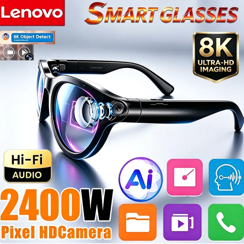 Lenovo 8K 2400MP Latest AI Smart Sunglasses Video Photo Capture Translator Bluetooth Call Record Music Play Eyewear