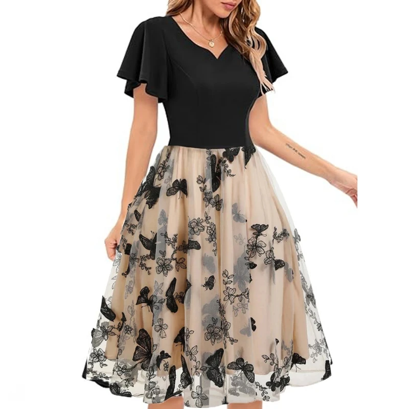 

2024 Women Summer Dresses Embroidery V-Neck Retro Vintage 50s 60s Elegant Dress Sexy Rockabilly Party Dress Midi Vestidos