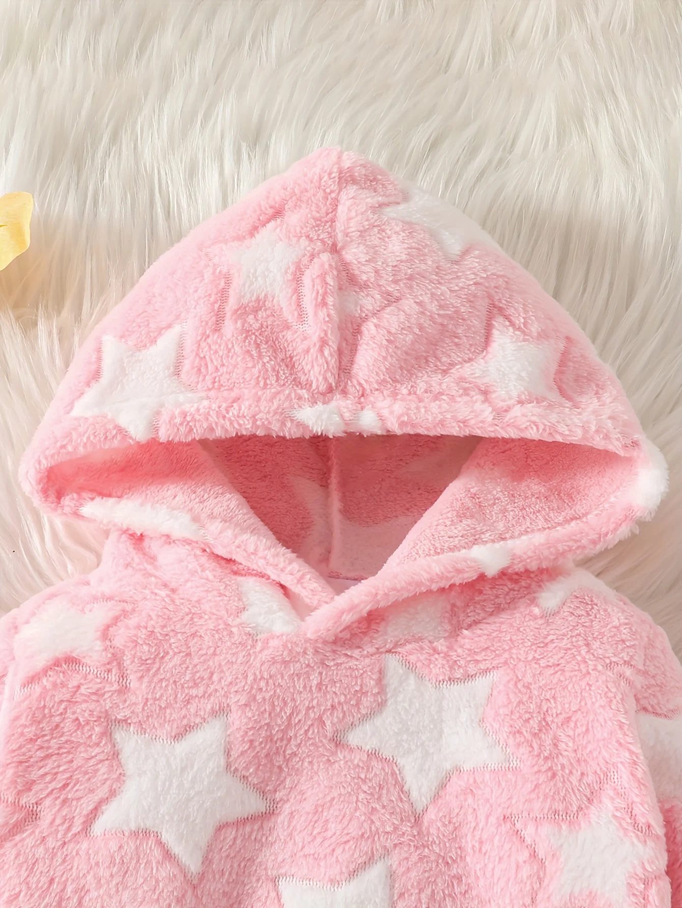 0-2 year old baby Autumn-winter five-pointed star pattern pink furry warm hooded top + pants two-piece set