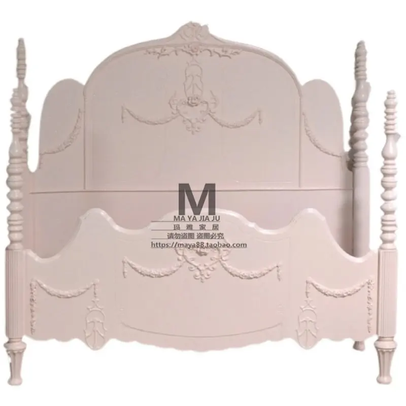 French country solid wood bed girl European style, simple princess bed American engraved retro old pink double bed