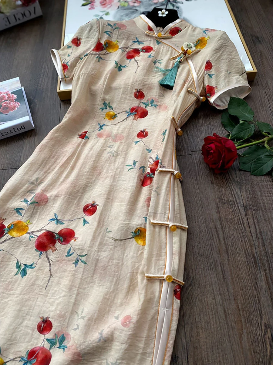 

Retro Sle Mid-Length Young Girl Ele Pomeanate Print Summer Faionable Chinese Traditional Costume Women