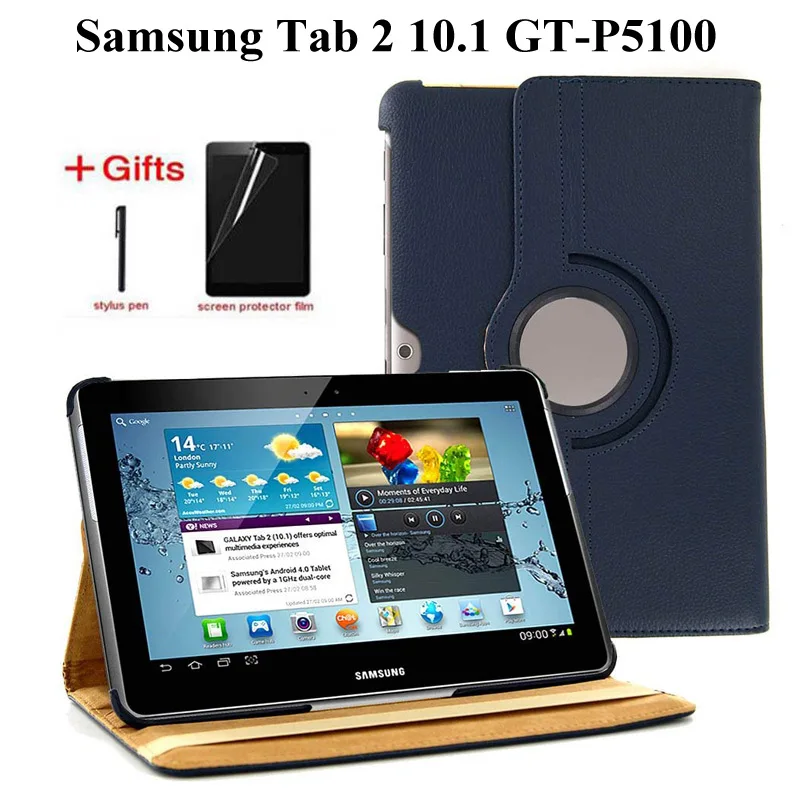 360 Rotating Stand PU Leather Case for Samsung Tab 2 10.1 GT P5100 P5110 P5113 Tablet Case with Awake Sleep function+Film+Pen