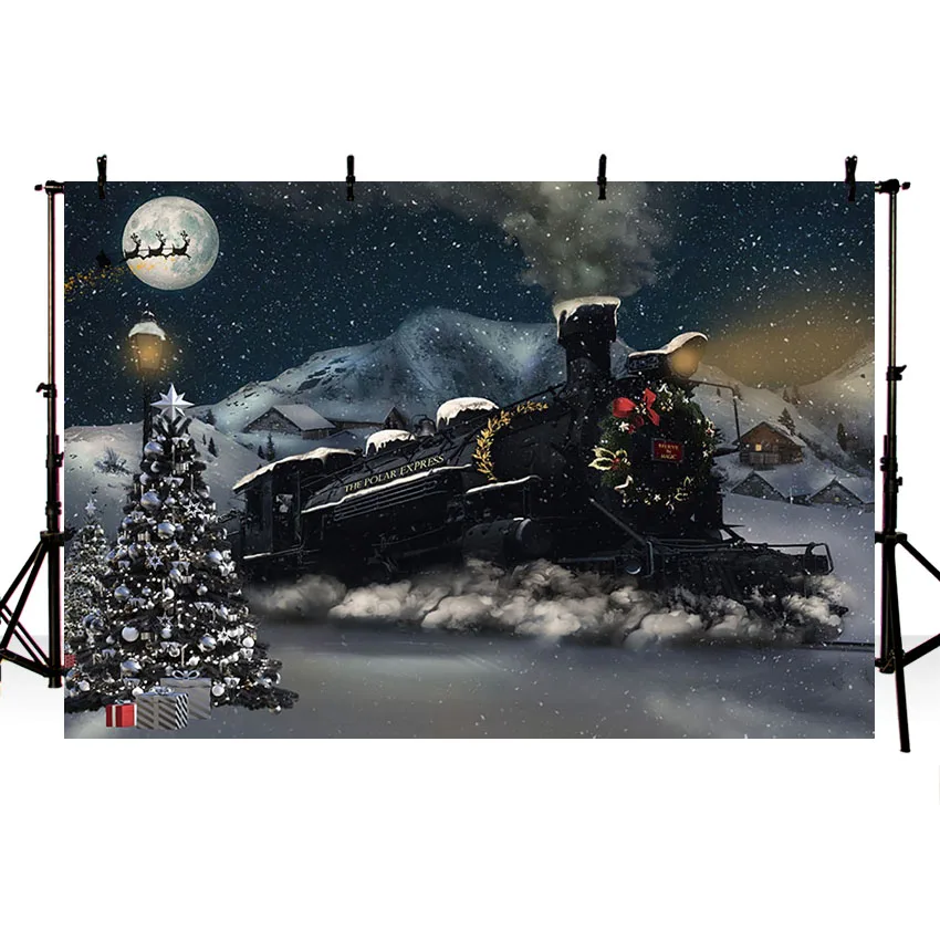 Mehofond Photography Background Christmas Train Night Winter Snow Tree Kids Family Holiday Portrait Decor Backdrop Photo Studio