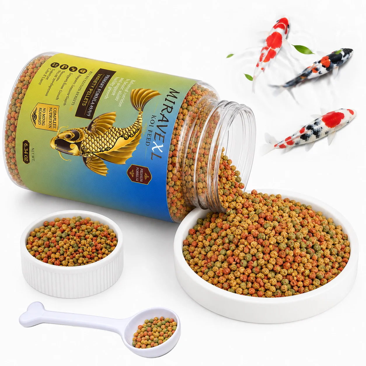 Floating Koi Fish Food Pellets for Koi & Goldfish, Color-Enhancing Daily Pond Feed, Small Pellets with Measuring Scoop