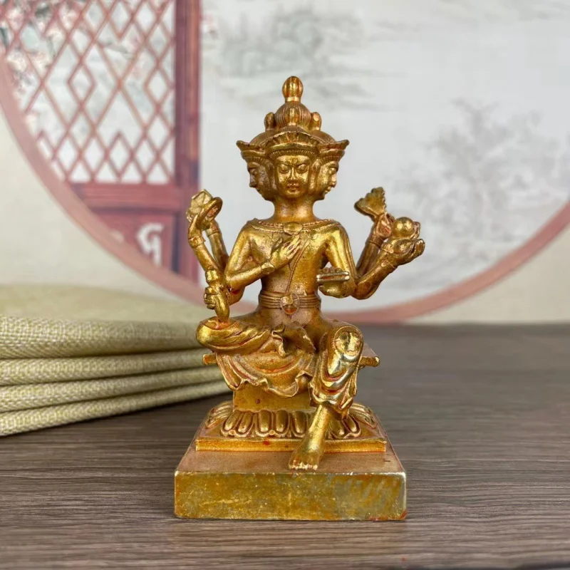 Four-Sided Buddha Worship Buddha Statue Statue Alloy Ornaments Home Office Display Collection Complex Gilding Bronze Crafts