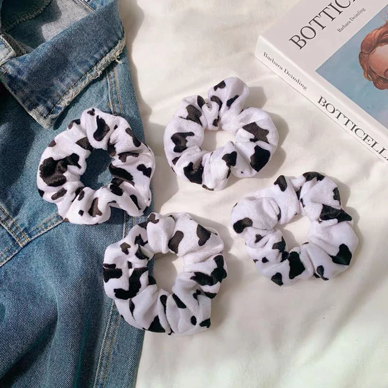 Cow Pattern Black and White Scrunchies Autumn Winter Plush Hair Ties Korean Cute Fashion Hair Ribbons Girls Hair Accessorie