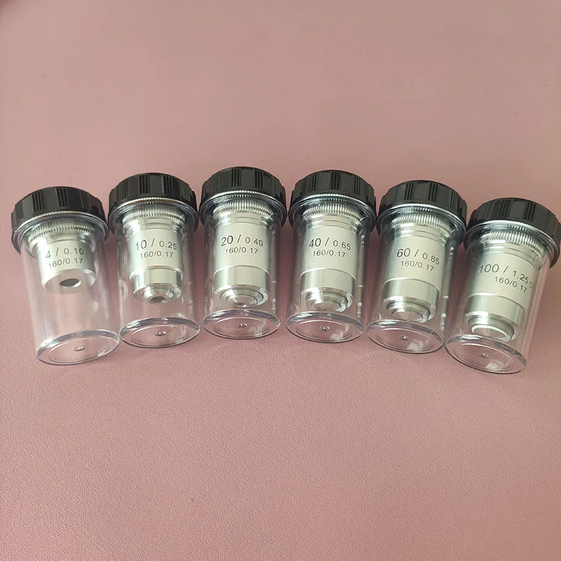 4X 10X 20X 40X 60X 100X 무색 대물 렌즈 195mm 공액 거리 튜브 길이 160mm 생물 현미경 대물 렌즈