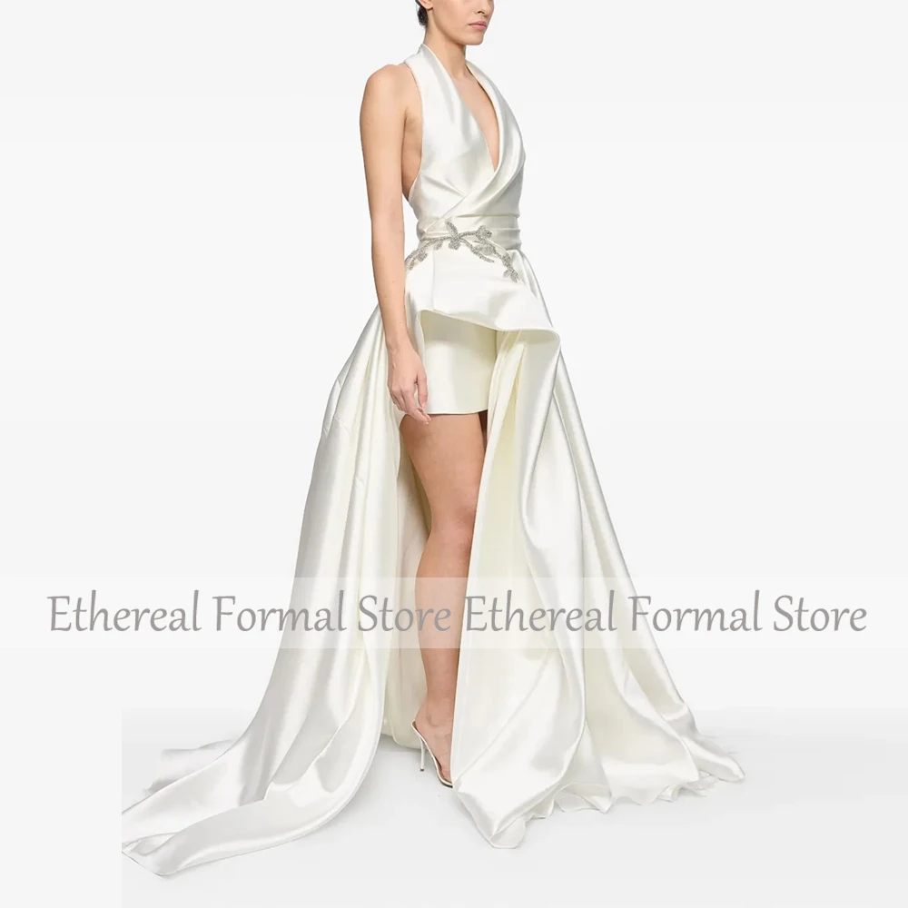 Abito da sera da donna in raso avorio con scollo all'americana, tubino, abito da festa formale, lunghezza al ginocchio, abito saudita, abito da ballo senza maniche con strascico