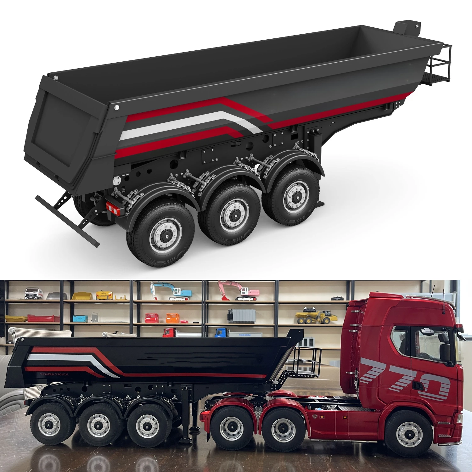 KABOLITE RC Trailer Metal 3-Axle Dump Truck U-Shaped Semi-Trailer Dump Truck Model for 1/14 770S RC Tractor Model Toy