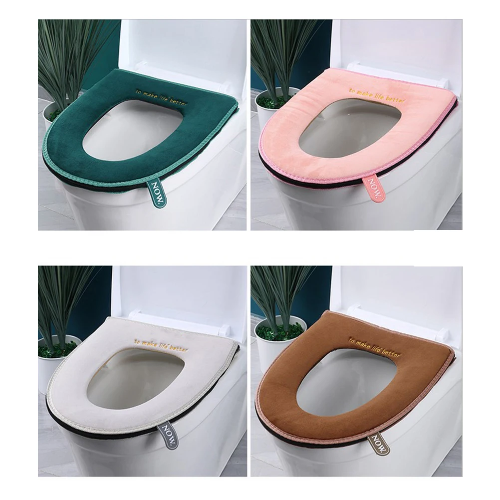 

2Pcs Toilet Seat Cover Cushion Thickened Winter Zipper O Shaped Washable Reusable Bathroom Pad Fits Round Seats