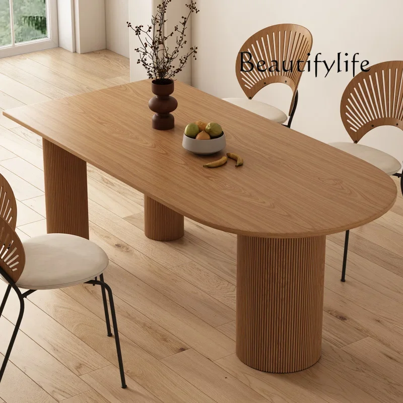 

small apartment household solid wood walnut retro dining table French medieval rock slab dining table oval