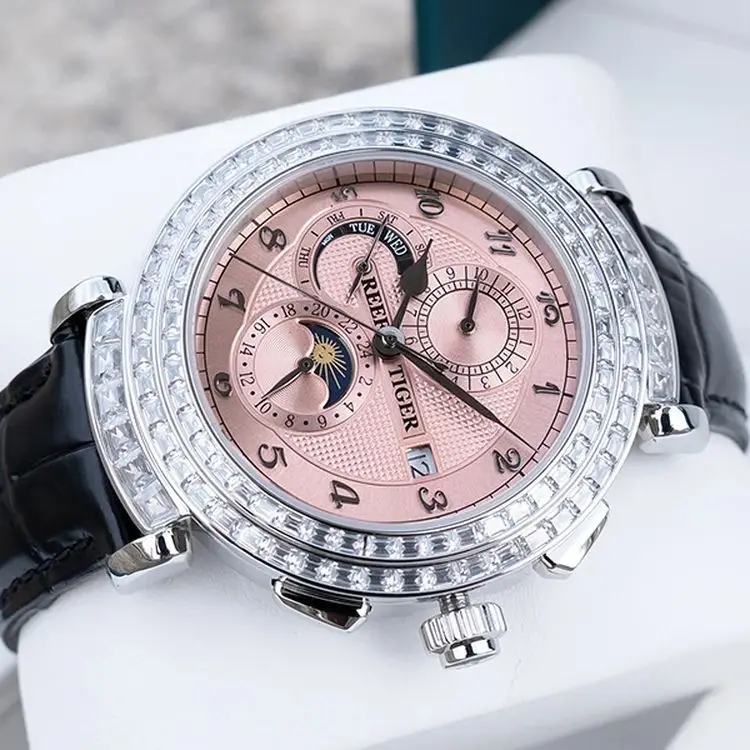OBLVLO Men Automatic Watch 43mm Mechanical Wristwatch 5ATM Luminous Multi Dial Month,Week,Date,24 Hours Crystal Bezel