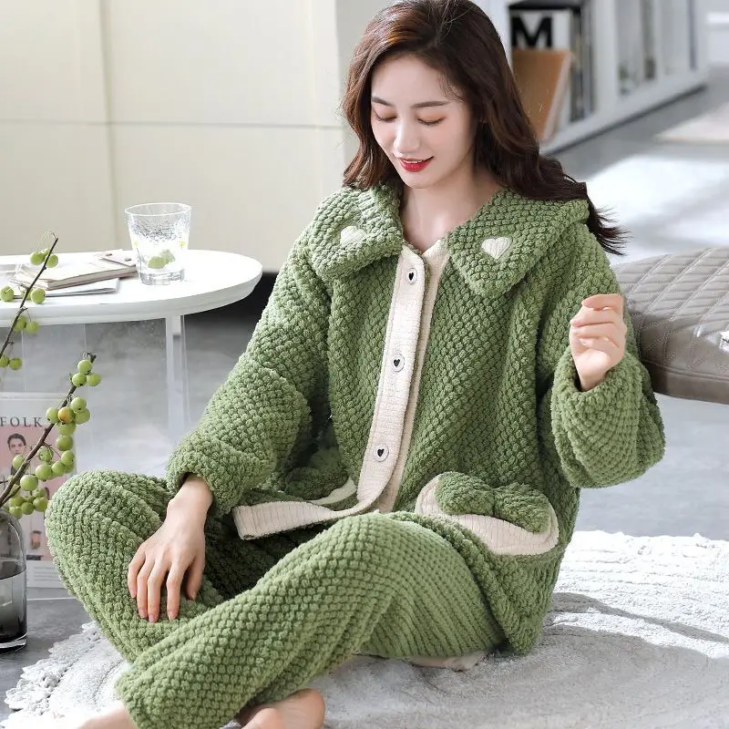 

Women's Winter Coral Velvet Pajama Two-piece Korean Fashion Loose Warm Pijama Homewear Suit Female Cute Sleepwear Nightie Suit