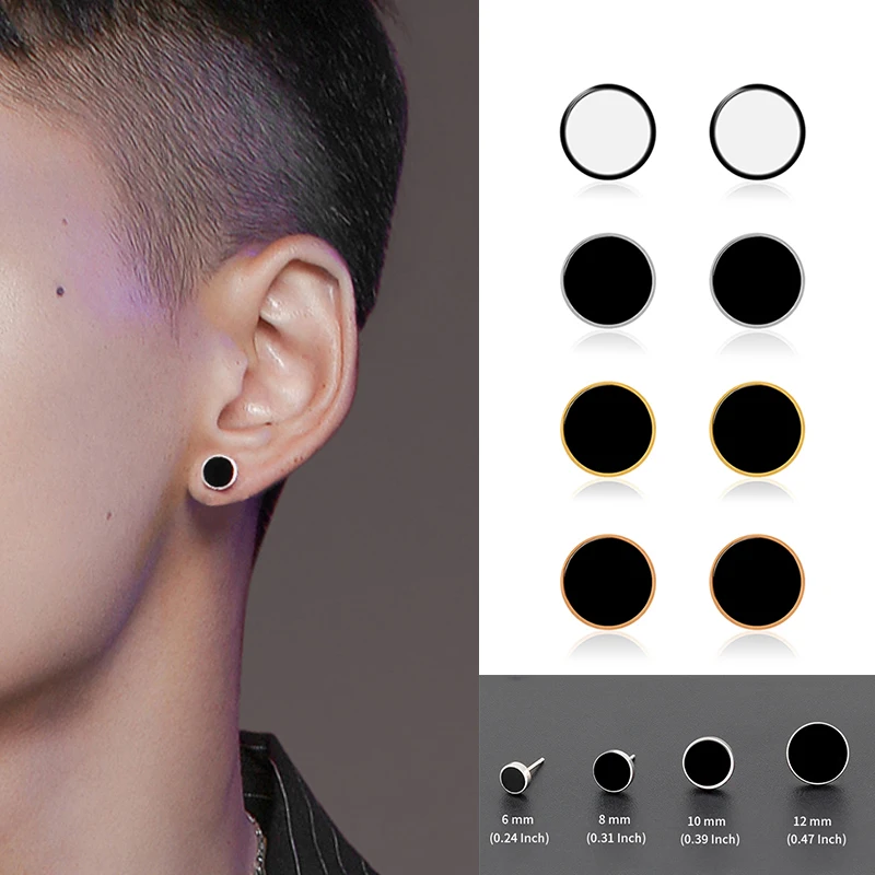 Trendy HipHop Titanium Steel Round Men's Stud Earrings Hippie Stainless Steel Black Drip Earings for Men Couple Piercing Jewelry