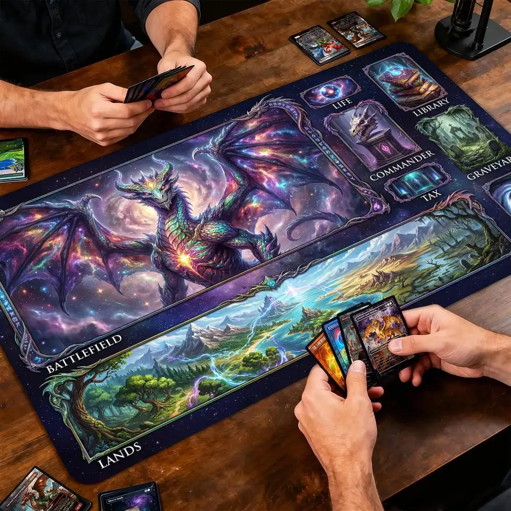 Fantasy Natural Elements and Dragon Magic Card Battle Mat TCG Playmat Anti-Slip Base Gathering Gaming Mat Board Game Mat for TCG