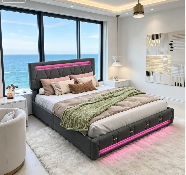 Gepolstertes Bettgestell mit USB-Ladestation und LED-beleuchtetem Kopfteil, 140 x 200 cm, Doppelbett, Stauraumbetten, Funktionsbett, Bettgestell, Bettgestell mit 4 Schubladen