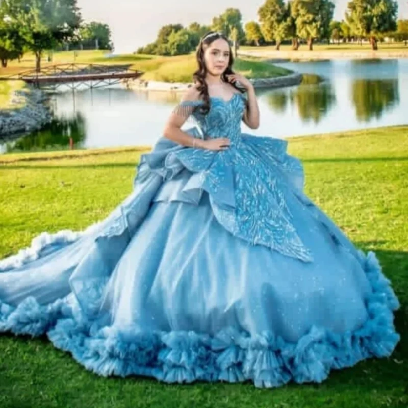 

Blue Shiny Ball Gown Quinceanera Dresses 2026 Sequin Applique Lace Beading Crystal Tiered Tull Bow Corset Off Shoulder Sweet 16